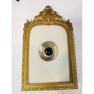 Vintage Gold Tone Sunburst Scarf Clip Black Cabochon Center Swirl Design